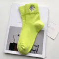 Neon green women's mid-calf socks with trendy embroidered leaf pattern. Cotton casual. - One Size / Fluorescent Green