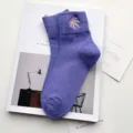 Purple mid-tube cotton socks for women, cute embroidered leaf design, trendy autumn style. - One Size / Purple