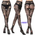 Sexy cut-out black fishnet tights and sheer pantyhose for women, detailed leg mesh view. - One Size / BC-6007 Black