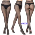 Detailed view of women's black fishnet pantyhose, mesh jacquard pattern sexy tights close-up. - One Size / BC-6009 Black