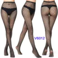Black geometric fishnet pantyhose, sexy high elasticity hollow mesh tights for women detail view. - One Size / BC-6012 Black