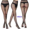Detailed view of women black fishnet tights featuring elastic high waist and side jacquard pattern. - One Size / BC-6024 Black