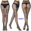 Black fishnet stockings with floral lace patterns, high-waist sexy hosiery for women. - Thigh Flower (BC-6027)