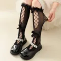 Black mesh knee high socks for girls with ruffles bows and cute pearl shoes fashion style. - 1-12 Years Old / Bow Mid-Tube Socks / Black