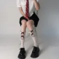 Chaussettes mi-hautes JK femme dentelle blanche volants nœud style doux option variante - Taille unique / Chaussettes fendues blanches à nœuds noirs