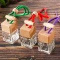 Square glass car perfume bottle empty hanging pendant with wooden cap and colorful rope. - Red
