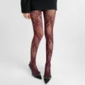 Französische florale Spitzen-Netzstrumpfhose für Damen, schicke transparente Strumpfhose. - Einheitsgröße / BC-5105 Blumencluster Weinrot