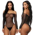 Sexy body de malla negra con pedrería mujer manga larga hombros descubiertos lenceria - Talla Única (Tarjeta+OPP) / Parte Superior y Inferior / Negro
