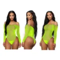 Neon groen strass mesh bodysuit, sexy doorschijnende lange mouw lingerie voor dames. - Neon Geel