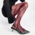 Collant a rete in pizzo floreale bordeaux da donna, calze trasparenti stile retro Y2K. - BC-5105 Grappolo di fiori rosso vino