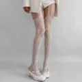 White lace suspender stockings for women, elegant floral pattern over-the-knee hosiery. - Bottoms / White