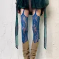 Women fashion blue lace suspender tights Y2K vintage style thin over-the-knee hosiery socks - Bottoms / Lake Blue