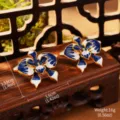 Vintage blue white enamel lily earrings Monet style floral jewelry with measurements - Blue & White