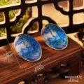 Detail of Monet water lily oil painting earrings with size and weight measurements - Monet Water Lily Blue