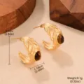 Detailed view of vintage C-shaped feather earrings with Tiger Eye stone accents - Feather Texture Tiger Eye Style (2-19669D-5500)