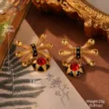 Detailansicht der Maße französischer Retro-Geometrie-Ohrringe in Gold und Rot - Geometrische Radiale Schwarze Emaille Rote Edelstein Ohrstecker (E4-20052A-6000)