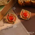Detailed view of vintage-style gold-tone earrings with red stone and measurements - Square Red Agate Texture Style (23015A)