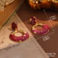 Detailed view of vintage burgundy enamel and gold earrings with dimension measurements - Burgundy Oval Patchwork Style (23041A)
