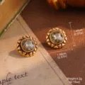 Detailed view of vintage flower stud earrings showing 1.46cm size and 4.2g weight - Brown Enamel Champagne Gem Style (23078B)