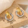 Detailed view of two-tone stainless steel hoop earrings with conch texture and dimensions. - Intertwined Two-Tone Ring Style (STE-BC0579A-6000) / Gold and Silver Two-tone