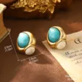 Vintage turquoise stud earrings in gold-tone setting showing detailed product dimensions - Water Drop Turquoise Style (23231B-5000)