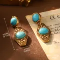 Detail of vintage French court turquoise drop earrings with measurements and weight - Turquoise Rhombus Style (23179B-6500)