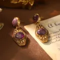 Detailed view of vintage French court style earrings with purple gemstones - Purple Gemstone Style (23179C-6500)