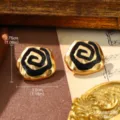 Detailed view of vintage gold and black enamel spiral earrings with size annotations - Gold with Black Enamel