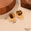 Macro view of vintage gold stud earrings with tiger eye stones and size markings - Three-Point Gold Border Tiger Eye Style (E4-19621D-4500)