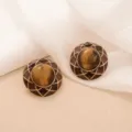 Close-up of retro sunflower tiger's eye earrings with Maillard brown enamel finish - Golden Geometric Sunflower Tiger Eye Earrings (E4-21181B-6000)