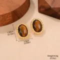 Macro view of vintage tiger eye oval earrings with detailed size and weight labels - Twisted Border Oval Tiger Eye Style (E4-20364C-4600)