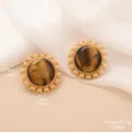 Macro view of vintage round tiger eye stud earrings with golden sunflower edges - Vintage Ruffle Edge Tiger Eye Stud Earrings (E4-21190D-5500)
