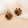 Detailed view of vintage gold tiger eye earrings with sunflower petal design. - Antique Bronze Gold Round Edge Tiger Eye Earrings (E4-21270B-4800)