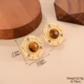Boucles d'oreilles rondes de style Maillard vintage avec œil de tigre et métal doré - Clip en Relief Strass (E4-21213A-6500耳夹)