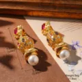 Detailed view of vintage gold drop earrings with white pearls and colorful rhinestones. - Vintage Ruby Red Pearl Earrings (E4-20064A-12500) / Gold