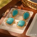 Detailed view of vintage gold-tone turquoise drop earrings with size measurements - Vintage Gold Two-Tier Turquoise Style (E4-23211A-6800)