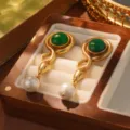 Detail of vintage gold earrings with green stones and white pearls in jewelry box. - Vintage Gold Turquoise Pearl Long Style (E4-23357B-7000)