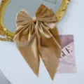 Detailed macro shot of vintage golden velvet hair bow with elegant long streamers texture - Khaki