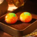 Detailed view of vintage oil painting style rainbow enamel stud earrings in box - Quicksand Texture Hemisphere Earrings (2-26783B-6800)