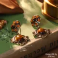 Detaillierte Makroansicht von Vintage-Ohrringen im Palaststil mit Tigerauge-Stein - Tigerauge-Textur Perle Gebürstete Bronze Ohrringe (E4-23167B-6000)