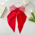 Elegant large red gingham and satin long ribbon bow hair clip for academy style - Red Small Gingham