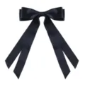 Detailed view of a large black satin bow hair clip with elegant long ribbon tails. - 4cm Spring Clip / Black