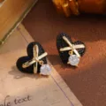 Vintage black heart stud earrings with gold bow and sparkling clear stone pendant - Black Diamond Heart Bow Style (YL30687A)