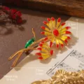 Detail of vintage floral brooch with 7.0cm length and 12g weight specifications - Red and Yellow Two-Tone Enamel Double Flower Style (BR1-2511-6000)