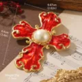 Vintage red enamel cross brooch with large pearl detail, dimensions 8.6cm x 6.67cm - Royal Red Enamel Cross Style (BR1-2564A-7800)