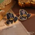 Elegant vintage black flower stud earrings with gold trim, large floral jewelry for women - Black Gold 3D Flower Style (30519B)