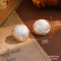 Vintage white woven textured round stud earrings with elegant gold trim for women - White Woven Texture Gold Edge Style (A30838A)
