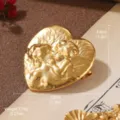 Vintage gold heart brooch featuring cherub relief including size and weight details - Angel Relief Heart Style (E4-21162-BR-3500) / Gold