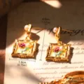 Detailed view of French vintage enamel rose earrings showing size and weight specs - Rectangular Pink Rose (E4-21970)