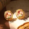 Detail of vintage French palace style gold oval earrings with pearls and floral motifs - Pink Oil Painting Floral (E4-21818A)